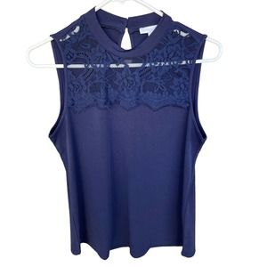 New York & Company Shirt Womens Small Blue Lace Sleeveless Keyhole Career